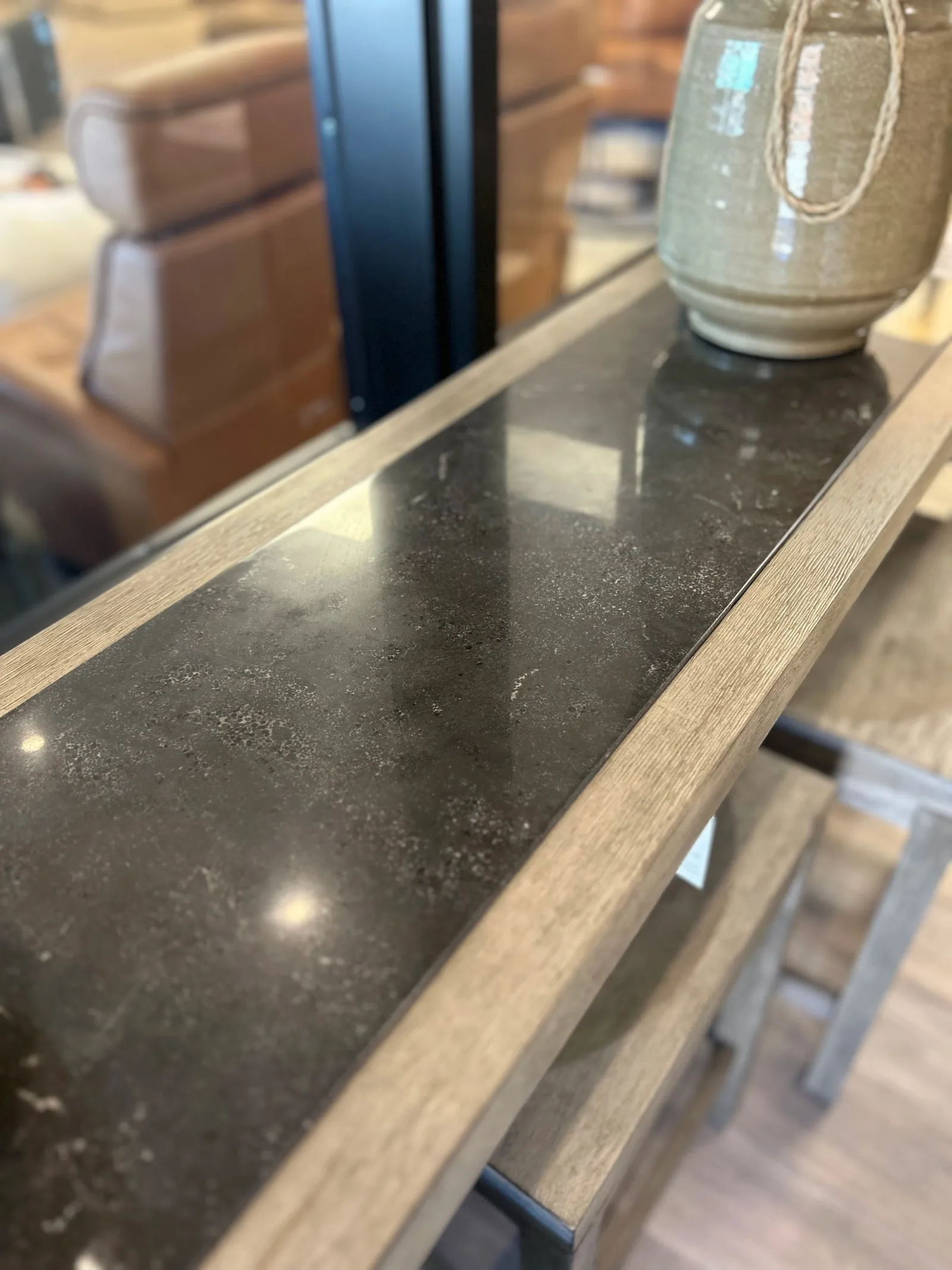 Console bar side view with stools